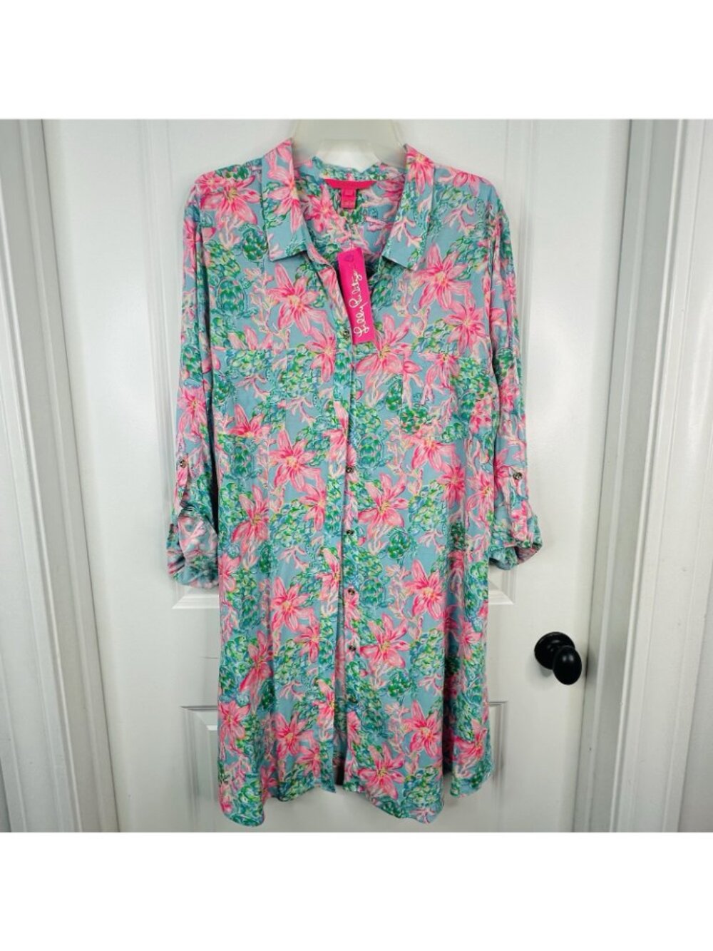 Lilly Pulitzer Skipper Popover Pink Blossom Suite Views Palm Trees Vibrant Sz XL - Picture 2 of 14